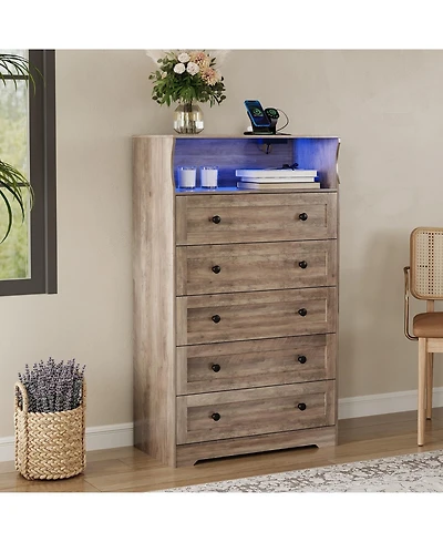 gaomon 5 Drawer Wooden Dressers for Bedroom with Led Lights & Charging Station