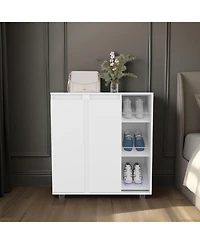 Fm Furniture Gitano Shoe Storage Cabinet, 2 Doors, 8 Enclosed Shelves, 3 Open Side Shelves, Freestanding Design, Entryway or Bedroom Use