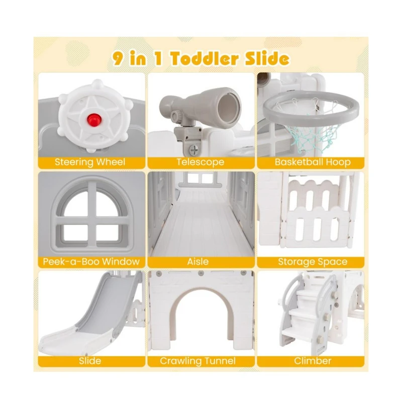 Hongge Indoor Toddler Slide Playset with Climber Tunnel Basketball Hoop and Activity Center