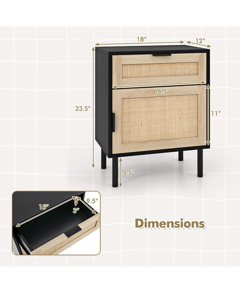 sumyeg Rattan Nightstand Set of 2 with Drawer and Cabinet