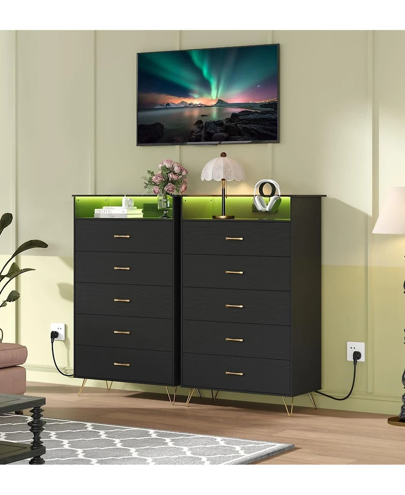 5 Drawer Wooden Dressers for Bedroom with Led Lights & Charging Station