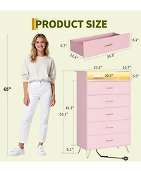 5 Drawer Wooden Dressers for Bedroom with Led Lights & Charging Station