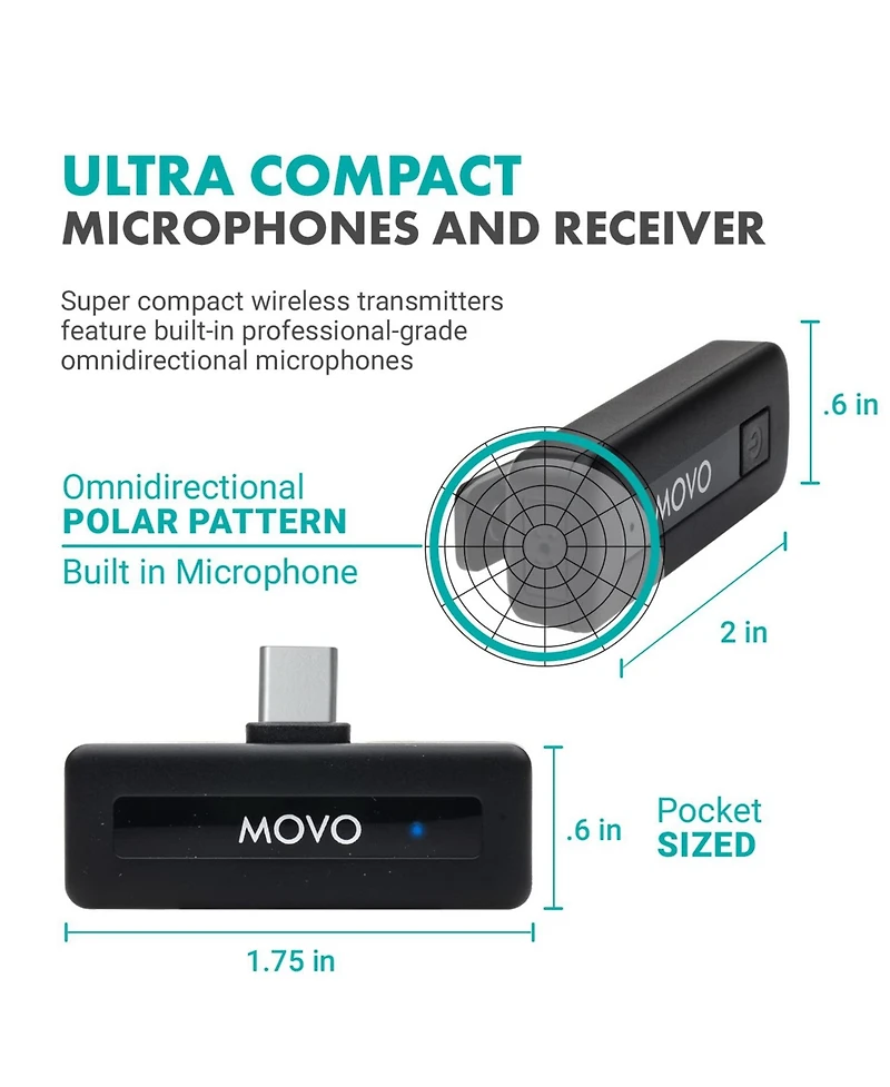 Movo Wireless Mini Usb-c Duo Wireless Microphone for iPhone 15 and up