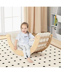 Hongge 6 in 1 Wooden Kids Climbing Arch Playset with Rocker Ladder Sensory Table and Cushion