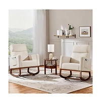 Yaheetech Fabric Upholstered High Back Rocking Chair with Solid Wood Legs, Side Pockets