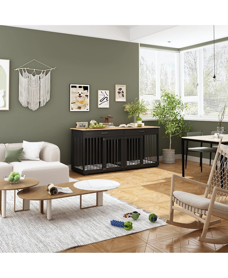 Homsee Dog Crate, Large Wooden Dog House with 2 Drawers, Dog Cage for Large Medium Dogs