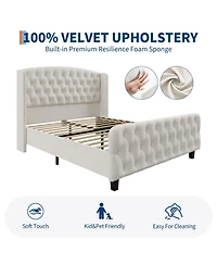 Gaomon Bed Frame with Deep Button Tufted Wingback Headboard and Footboard, Velvet Upholstered Platform Frame, No Box Spring, Easy Assembly