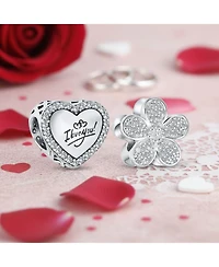 Bling Jewelry Set of 2 Words "I Love You" Crystal Accent Edge Love Heart Shape & Clear Cz Flower Shape Charm Bead Oxidized .925 Sterling Silver