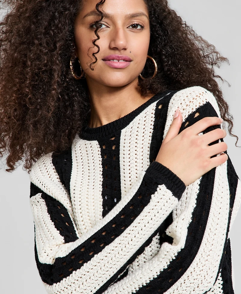 And Now This Women's Crewneck Stripe Crochet Sweater, Macy's Exclusive