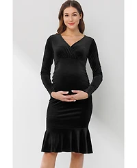 Hello Miz Maternity Velvet V Neck Long Sleeve Ruched Dress