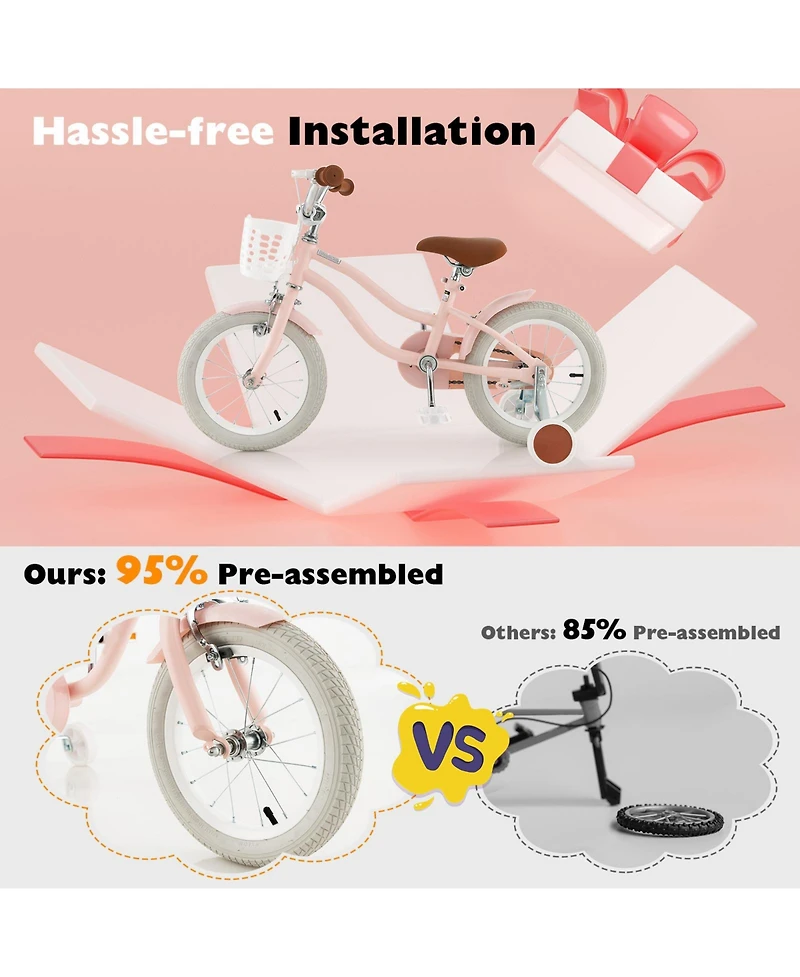 Sugift 14 Inch Kid's Bike with Removable Training Wheels and Basket-Pink