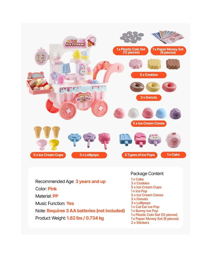 Slickblue Ice Cream Cart for Kids, 27 Pcs Accessories, Pretend Play Store with Storage Trolley with Pretend Money