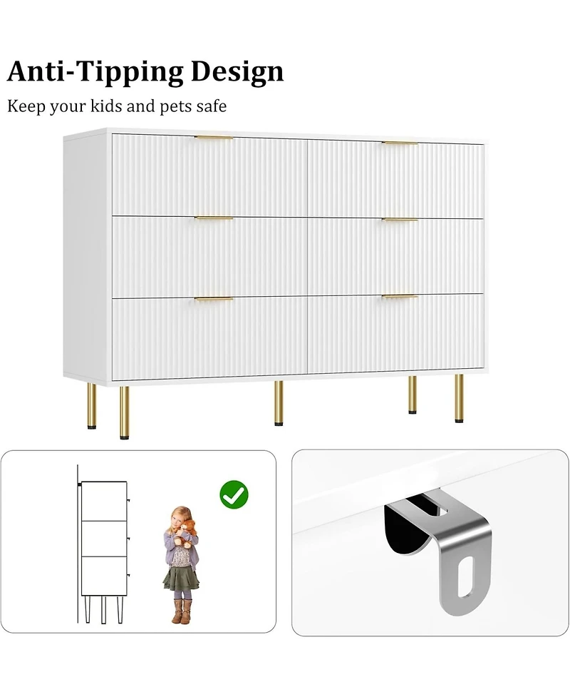 gaomon 6-Drawer Modern Fluted Wood Dresser with Gold Handle, Large Storage Organizer for Bedroom, Living Room, Hallway