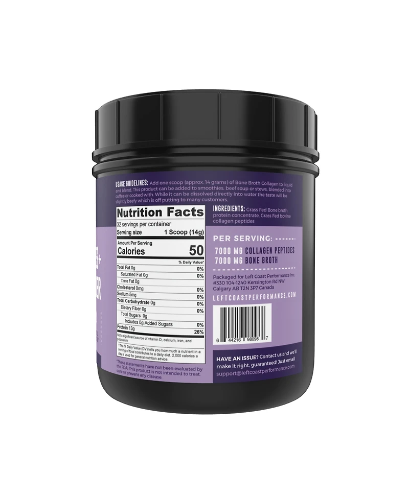 Left Coast Collagen Peptides + Bone Broth Powder, Unflavored, 16oz