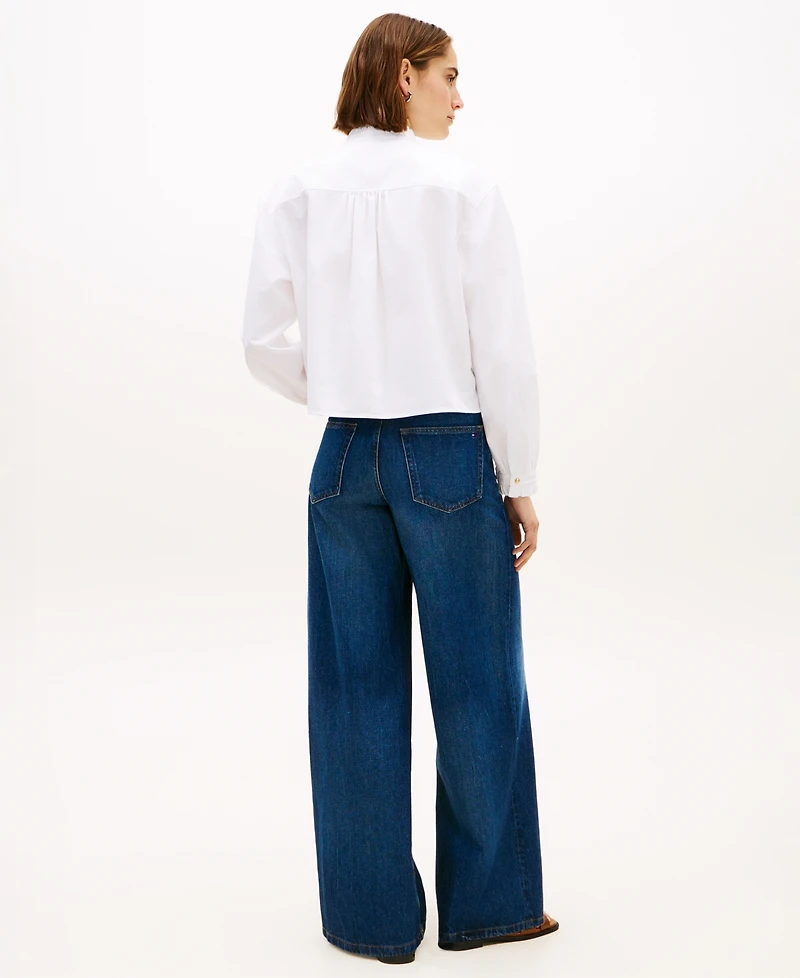 Tommy Hilfiger Women's Cropped Ruffled Oxford Collared Shirt