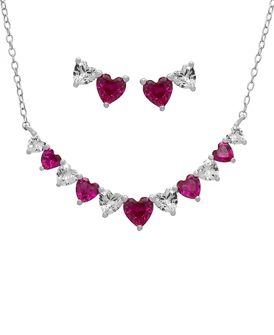 Macy's 2-Pc. Lab Grown Pink Sapphire (3.58 ct. t.w.) & White Sapphire (1.36 ct. t.w.) Graduated Heart Necklace with Earrings Set in Sterling Silver