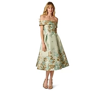Adrianna Papell Petite Floral Off-The-Shoulder Tea Dress