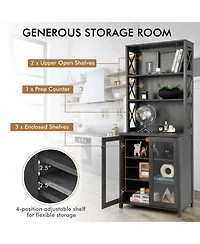 Costway Tall Freestanding Bar Cabinet Kitchen Buffet w/ Glass Holder & Adjustable Shelf