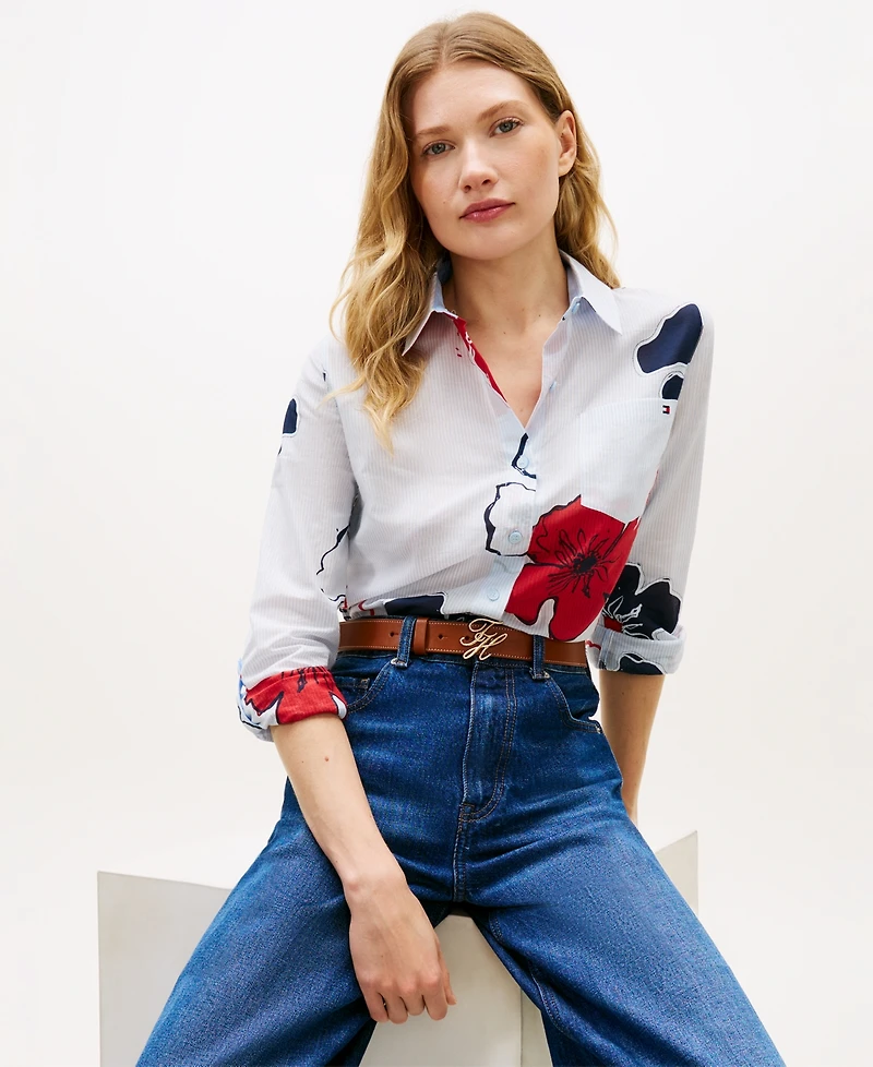 Tommy Hilfiger Women's Printed Button-Front Roll-Tab Shirt