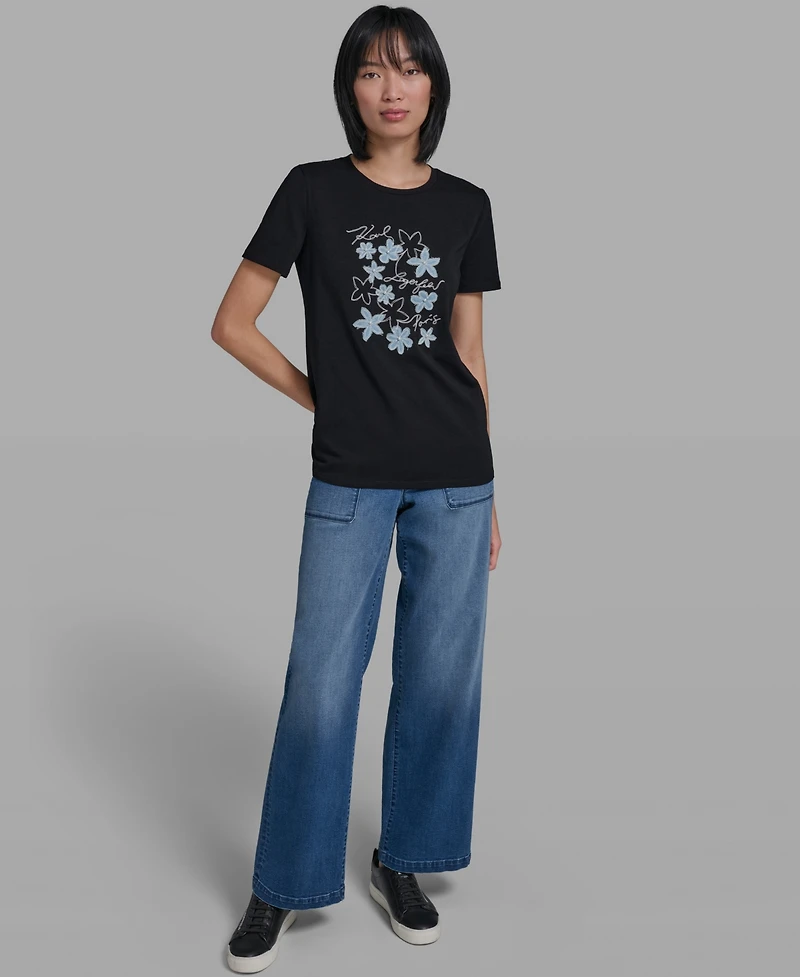 Karl Lagerfeld Paris Women's Crewneck Denim Flower T-Shirt