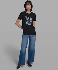 Karl Lagerfeld Paris Women's Crewneck Denim Flower T-Shirt