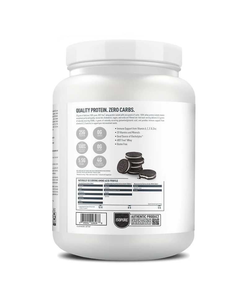 Isopure Zero Carb 100% Pure Whey Isolate Protein Powder, Cookies & Cream, 25g Protein, 15 Servings Tub