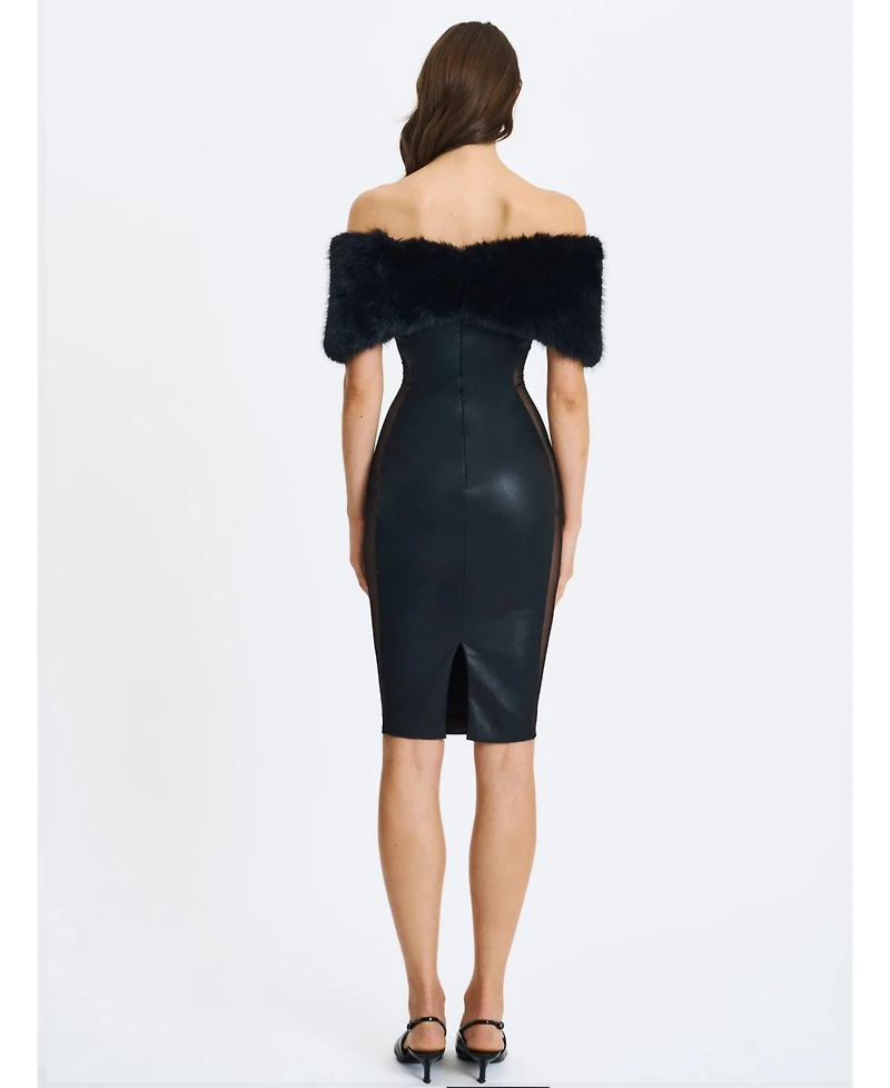 Miss Circle Women's Bellis Black Fur Trim Mesh Panel Off-Shoulder Midi Dress