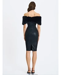 Miss Circle Women's Bellis Black Fur Trim Mesh Panel Off-Shoulder Midi Dress