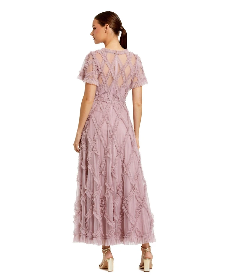 Mac Duggal Women's Mesh High Neck Short Sleeve Ruffle Maxi Dress