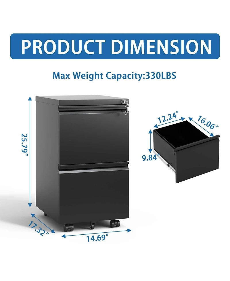 Boyel Living 2 Drawer Metal Mobile File Cabinet, Rolling File Cabinet with Lock for Hanging Legal/Letter/A4 Size, Fully Assembled Except Wheels
