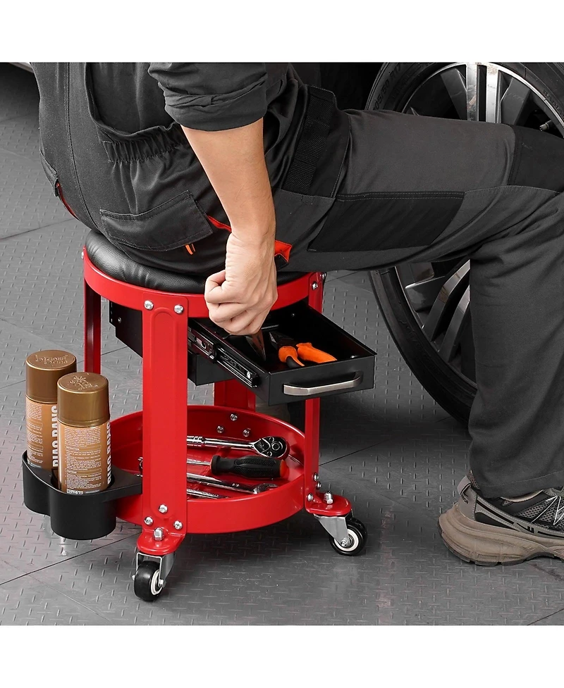 Mecale Rolling Mechanic Stool, 300-Lb Capacity, Fixed-Height Padded Seat w/ Tool Tray & 2 Drawers, Red/Black