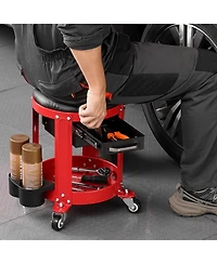 Mecale Rolling Mechanic Stool, 300-Lb Capacity, Fixed-Height Padded Seat w/ Tool Tray & 2 Drawers, Red/Black