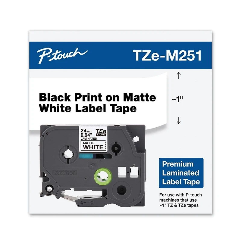 Brother TZEM251 0.94 in. x 26.2 ft. TZe Premium Laminated Tape - Black on White
