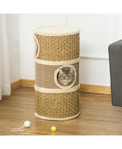 Aostirmotor Cat Condo with Scratching Pad,3 Story Cat Hideaway in Khaki and Brown