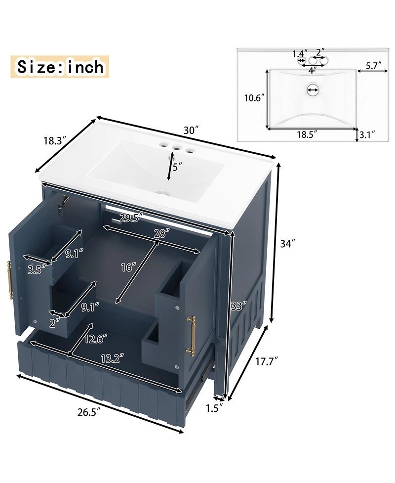 Cesicia 30 in. Bathroom Vanity with Sink, Multi-functional Bathroom Cabinet with Doors, Storage Shelves and Drawers