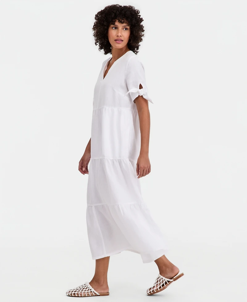 Charter Club Women's 100% Linen Tie-Sleeve Tiered Midi Dress, Created for Macy's