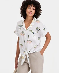 Charter Club Women's 100% Linen Tie-Front Shirt, Created for Macy's