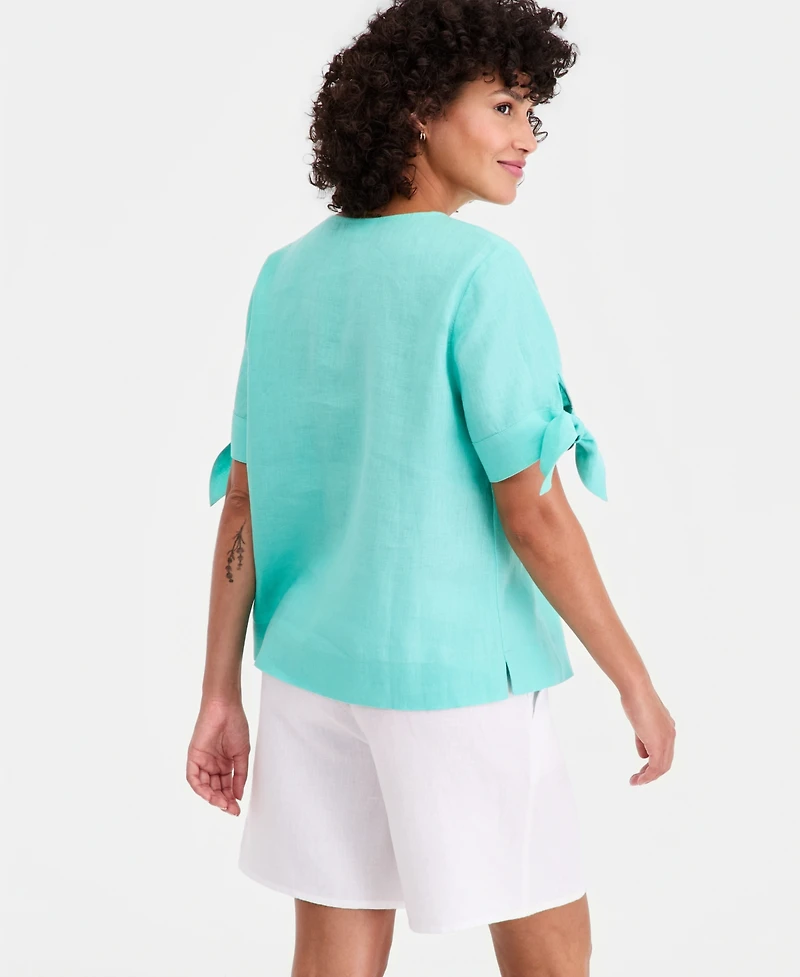 Charter Club Women's 100% Linen Split-Neck Tie-Cuff Top, Created for Macy's
