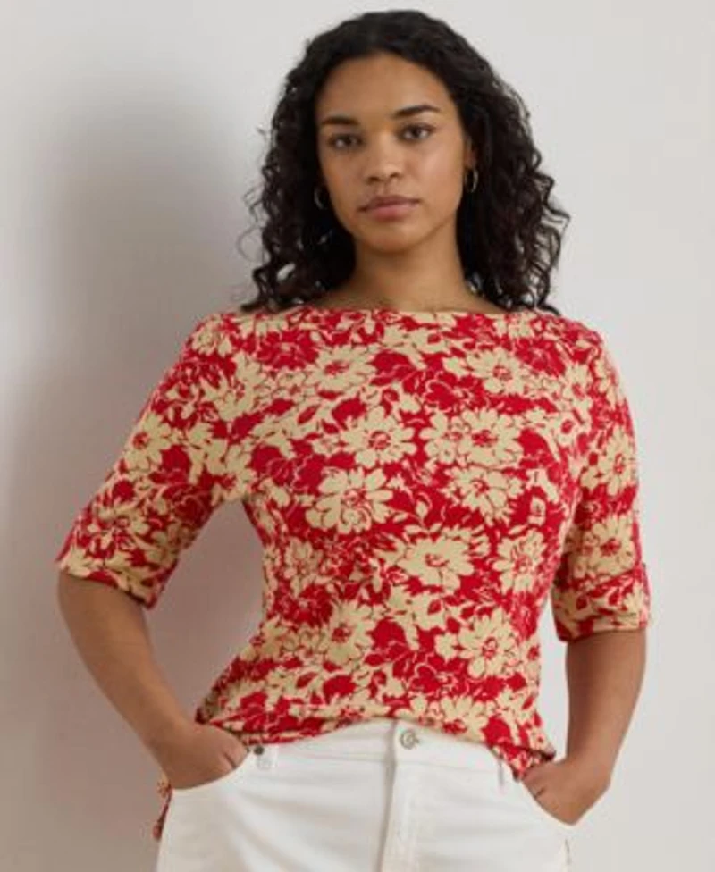 Lauren Ralph Lauren Womens Floral Printed Boat Neck Top