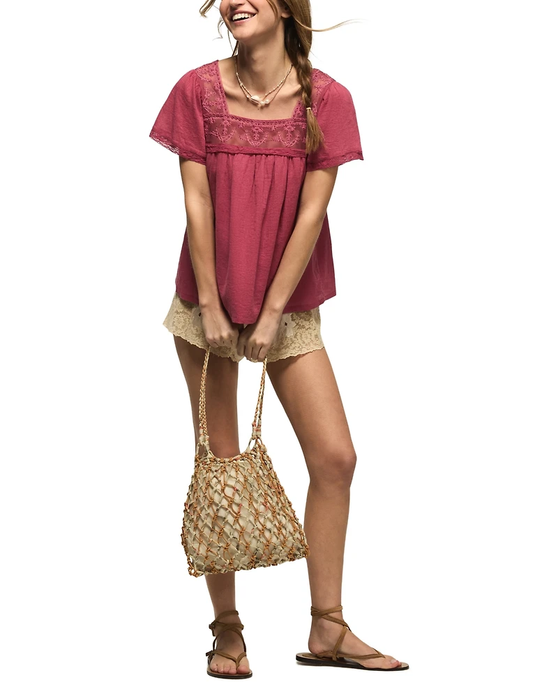 Lucky Brand Women's Mesh Lace Square Neck Top