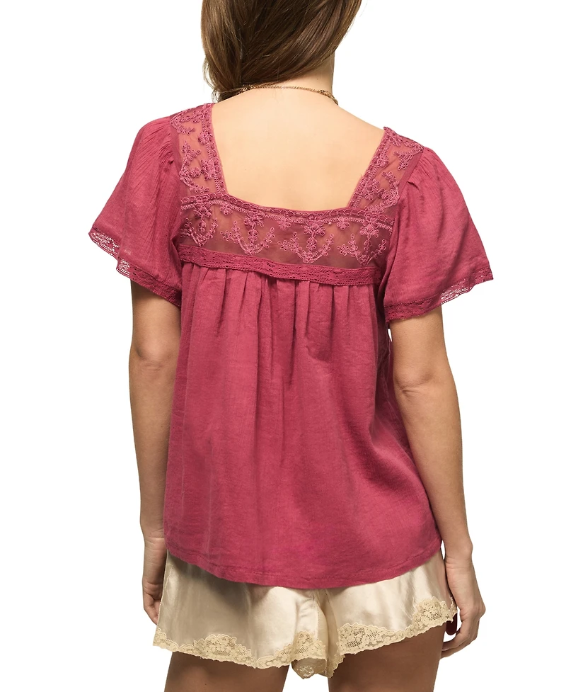 Lucky Brand Women's Mesh Lace Square Neck Top