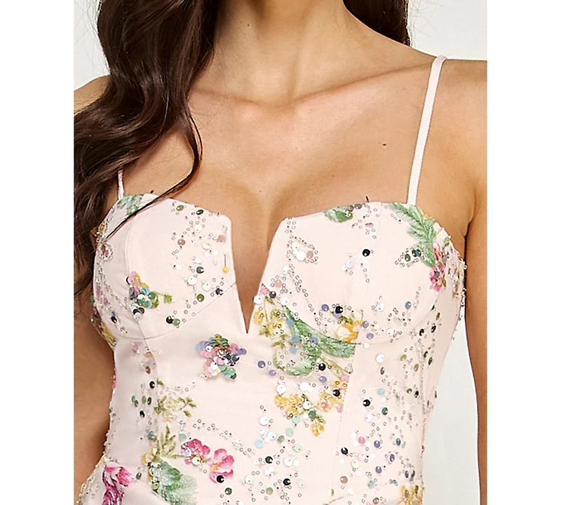 Say Yes Juniors' V-Neck Embroidered Sequin Corset Mermaid Gown