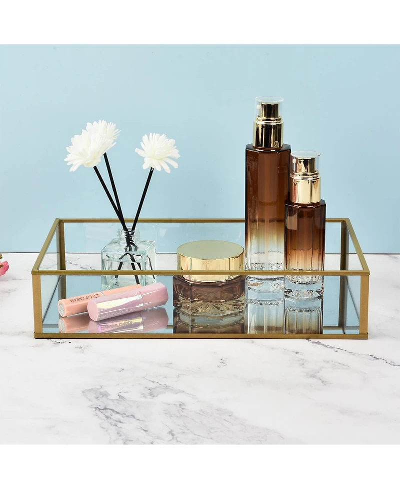 Lauraella 2PC Set, Handcrafted Glass Tray, Decorative Storage Tray for Makeup, Jewelry, Desk, or Bathroom, Clear with Gold