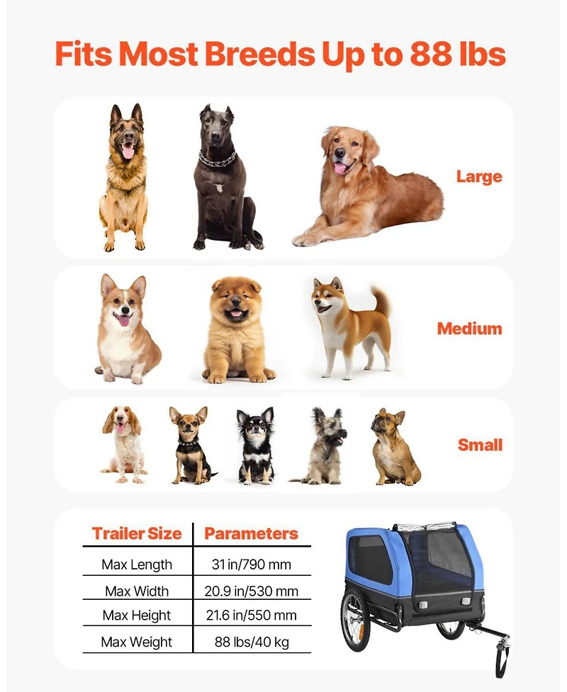 Cozito Foldable Pet Bike Trailer with Internal Leash, Holds up to 88 lbs.