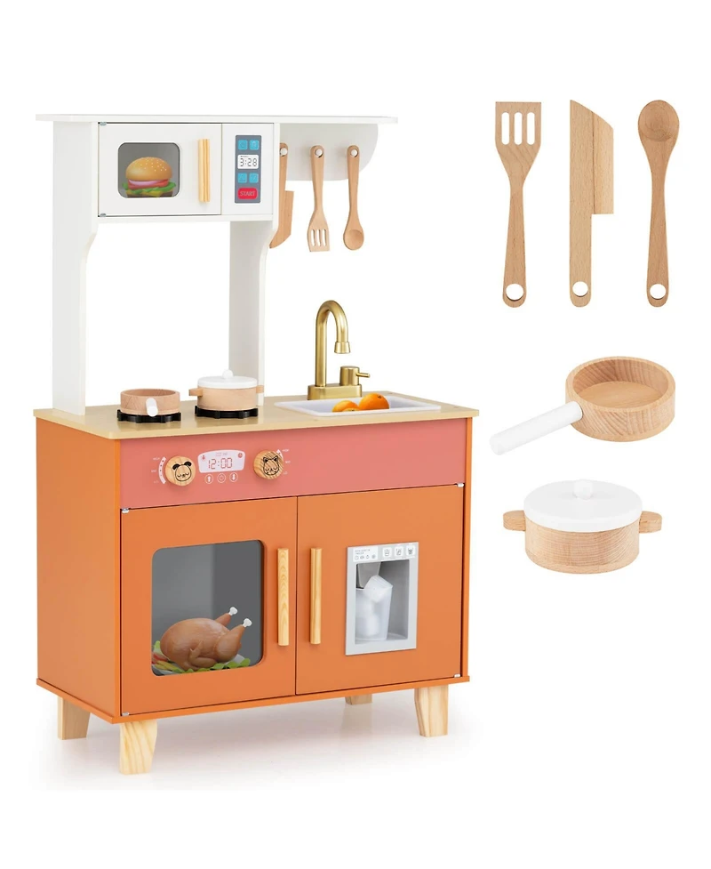 Costway Kid's Play Kitchen with Microwave Stoves Rotation Knobs Ice Dispenser Faucet Sink