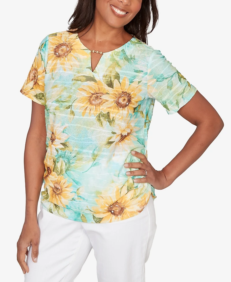 Alfred Dunner Women's Sunflower Keyhole Neck Side Ruched T-Shirt