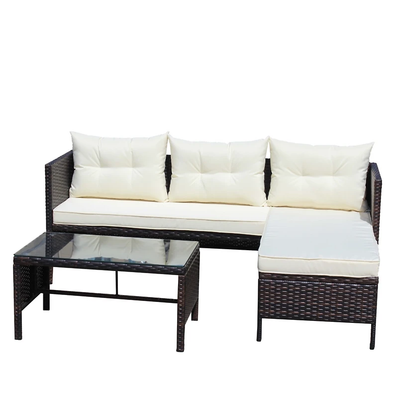 Simplie Fun Contemporary 3-Piece Outdoor Wicker Sofa Set with Cushions and Coffee Table