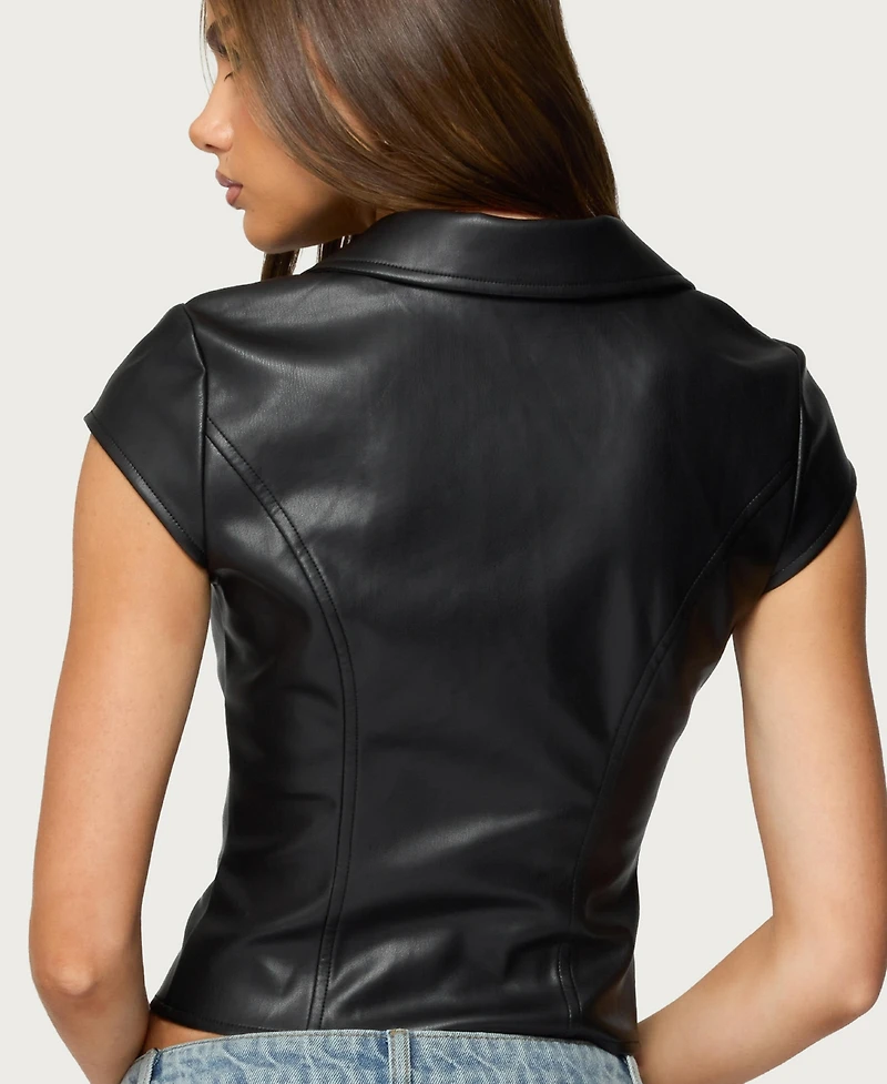 Edikted Womens Faux Leather Tailored Button Up Top