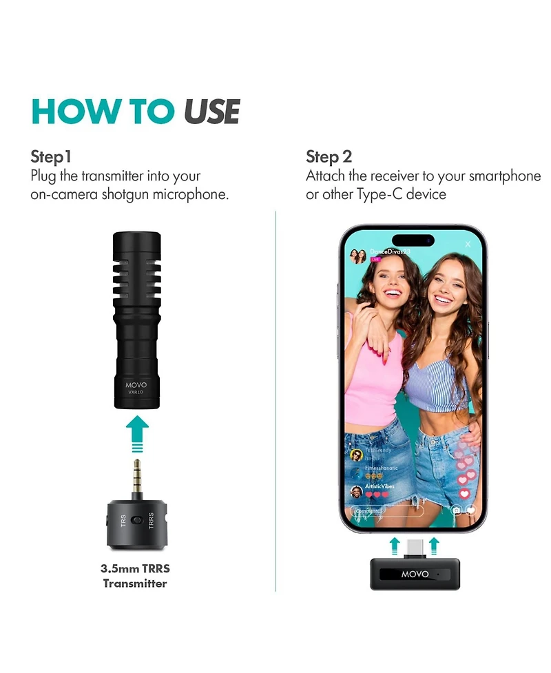 Movo Wm-VXR10 Wireless Shotgun Mic Adapter for Usb-c/iPhone 15 and up/Android Devices