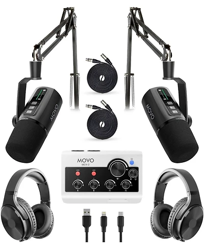 Movo Pro Portable Podcast Equipment Bundle for iPhone/Android Phone with Interface, 2 UM6 Dynamic Mics, 2 Headphones, 2 Boom Arms